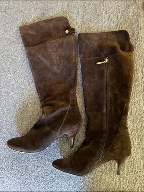 Calvin Klein Dark Brown Suede Over-the-Knee Heeled Boots